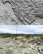 Ryggene i Grådalen i Røros er et eksempel på et forgreinet nettverk av små eskere som sammen danner et eskernettverk. Dette danner et svært særpreget landskap. Den lange langstrakte ryggen som vises i skyggereliefen er hovedeskeren. Den svarte pilen peker på mindre fogreinette esker nettverk hvor bildet er tatt fra. Røros, Trøndelag. Skyggerieff fra Kartverket og foto fra Astrid Lyså.
