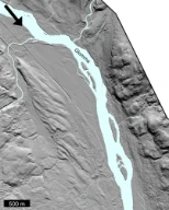 Flombanke fra bresjøtapping (skyggerelieff fra Kartverket). Øksna, Elverum, Hedmark. Kilde: hoydedata.no
