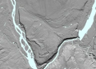 Flomkanal fra bresjøtapping (skyggerelieff fra Kartverket). Rena, Åmot, Hedmark. Kilde: hoydedata.no
