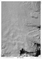 Isfjellgroper like ved Jutulhogget. Merk også bresjøstrandlinjen øverst til høyere i figuren. Alvdal, Hedmark. Skyggerelieff fra hoydedata.no
