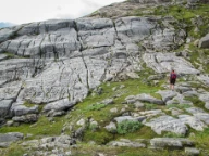 Bilder viser karstdekke med en rekke karrenformer og karstkløfter i kalkspatmarmor. Beiarn, Nordland.
