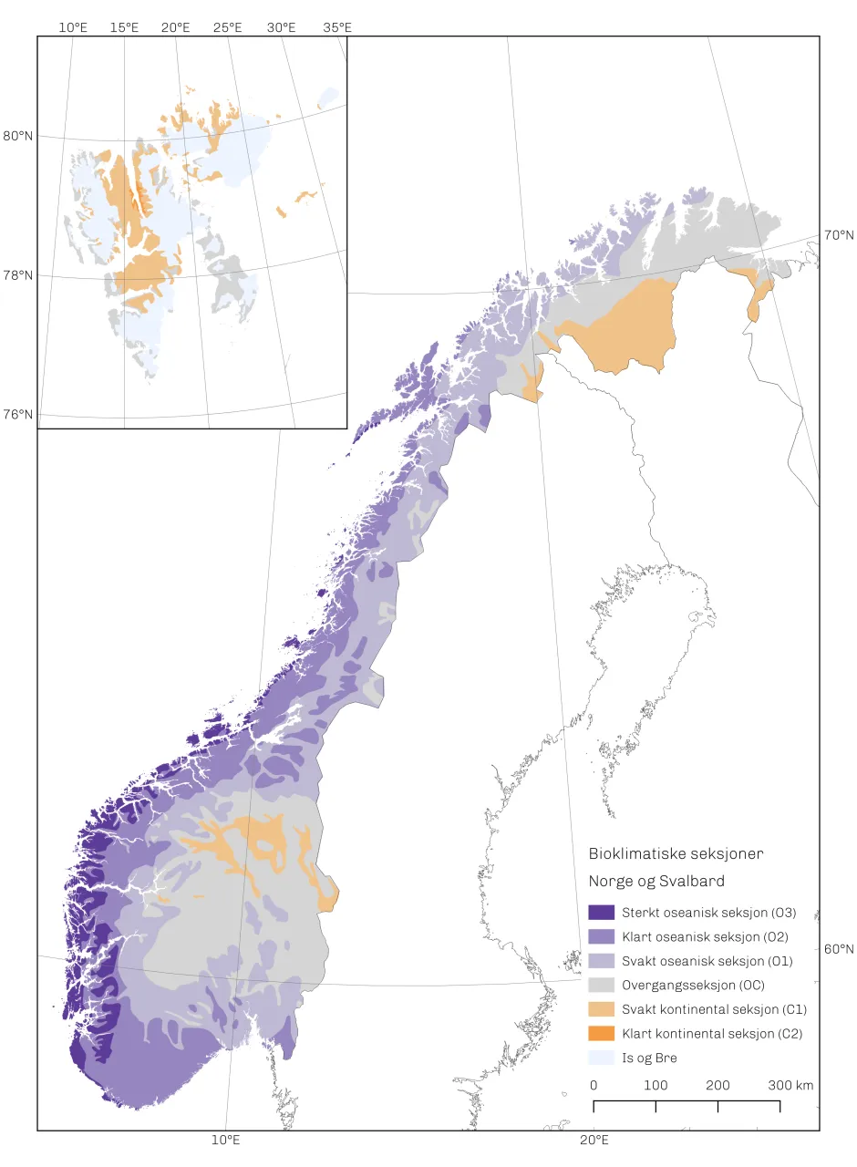 kart over Norges fastland og Svalbard som viser inndeling i bioklimatiske seksjoner