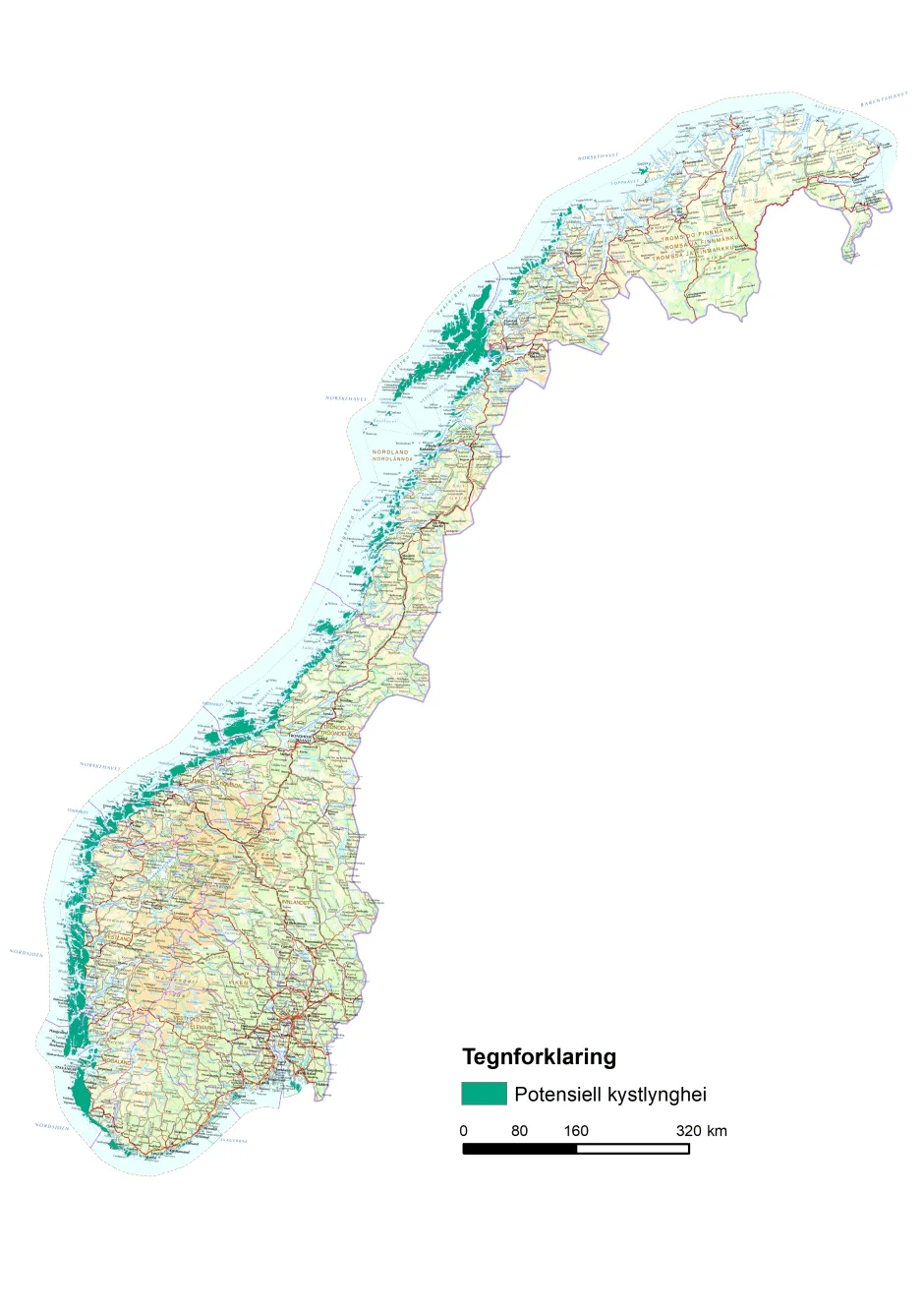 Kart over Norge, farger viser hvor du finner kystlynghei.