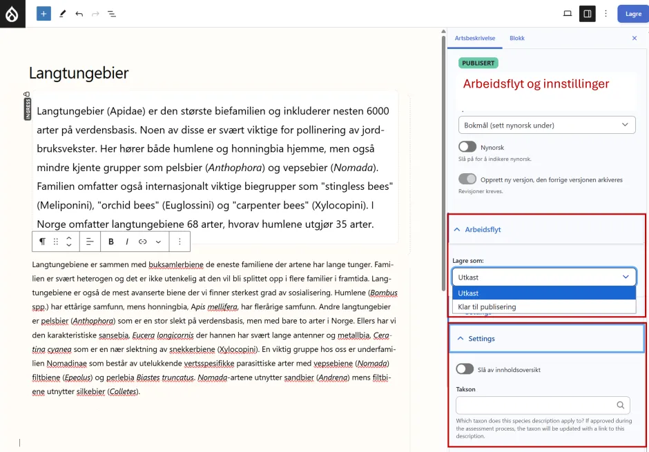 Skjermbilde viser arbeidsflyt og innstillinger på en side