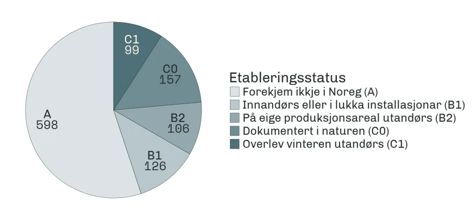 Grafisk fremstilling av antallet arter i ulike etableringsstadier