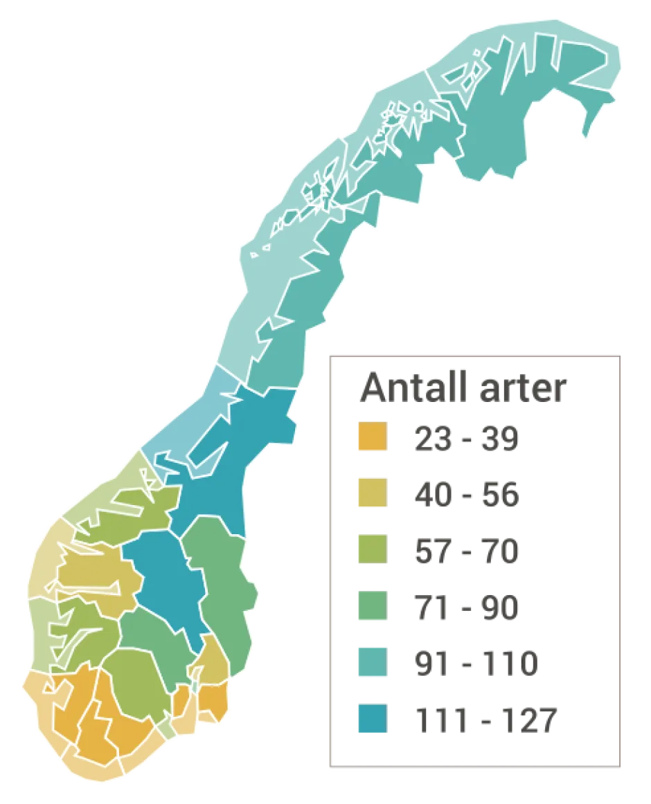 Norgeskart der fylkene har ulike farger etter hvor mange truede ansvarsarter som forekommer der.