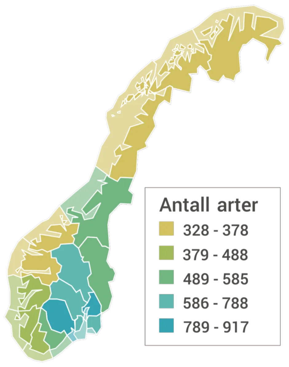 Kart over Norge der fylkene vises