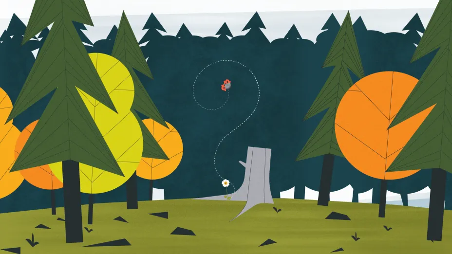 Animert illustrasjon av skog og en marihøne som tegner et spørsmålstegn.