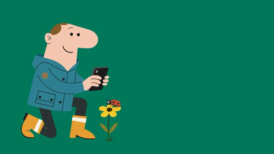 Animert mann tar bilde av en blomst med mobil.