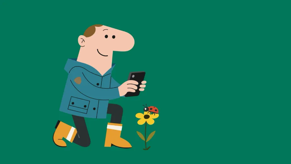 Animert mann tar bilde av en blomst med mobil.