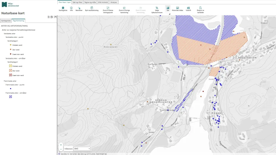 Skjermdump av kart med arter av forvaltningsinteresse.