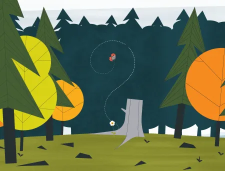 Animert illustrasjon av skog og en marihøne som tegner et spørsmålstegn.