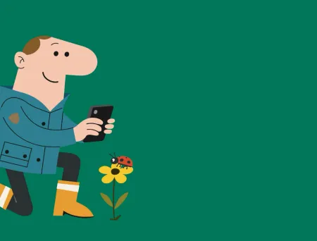 Animert mann tar bilde av en blomst med mobil.