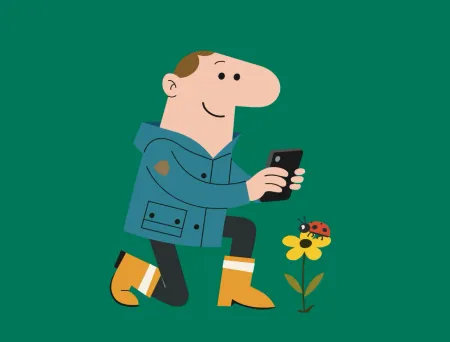 Animert mann tar bilde av en blomst med mobil.