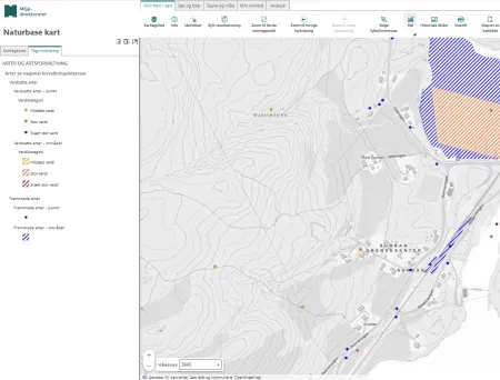 Skjermdump av kart med arter av forvaltningsinteresse.