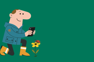 Animert mann tar bilde av en blomst med mobil.