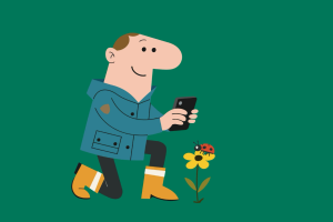 Animert mann tar bilde av en blomst med mobil.