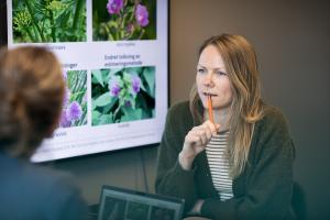 To personer i møterom med storskjerm i bakgrunnen.