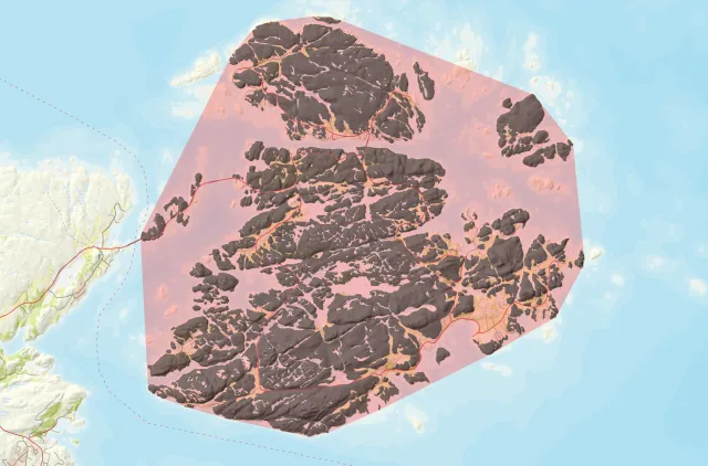 Kart som viser utbredelsesarealet til en naturtype på en øy.