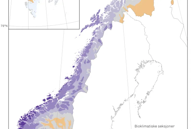kart over Norges fastland og Svalbard som viser inndeling i bioklimatiske seksjoner