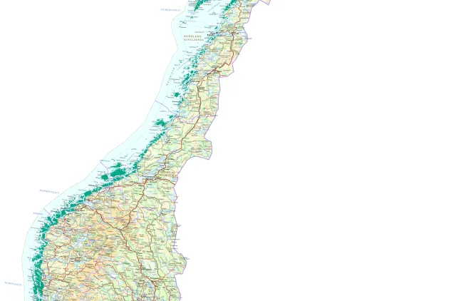 Kart over Norge, farger viser hvor du finner kystlynghei.